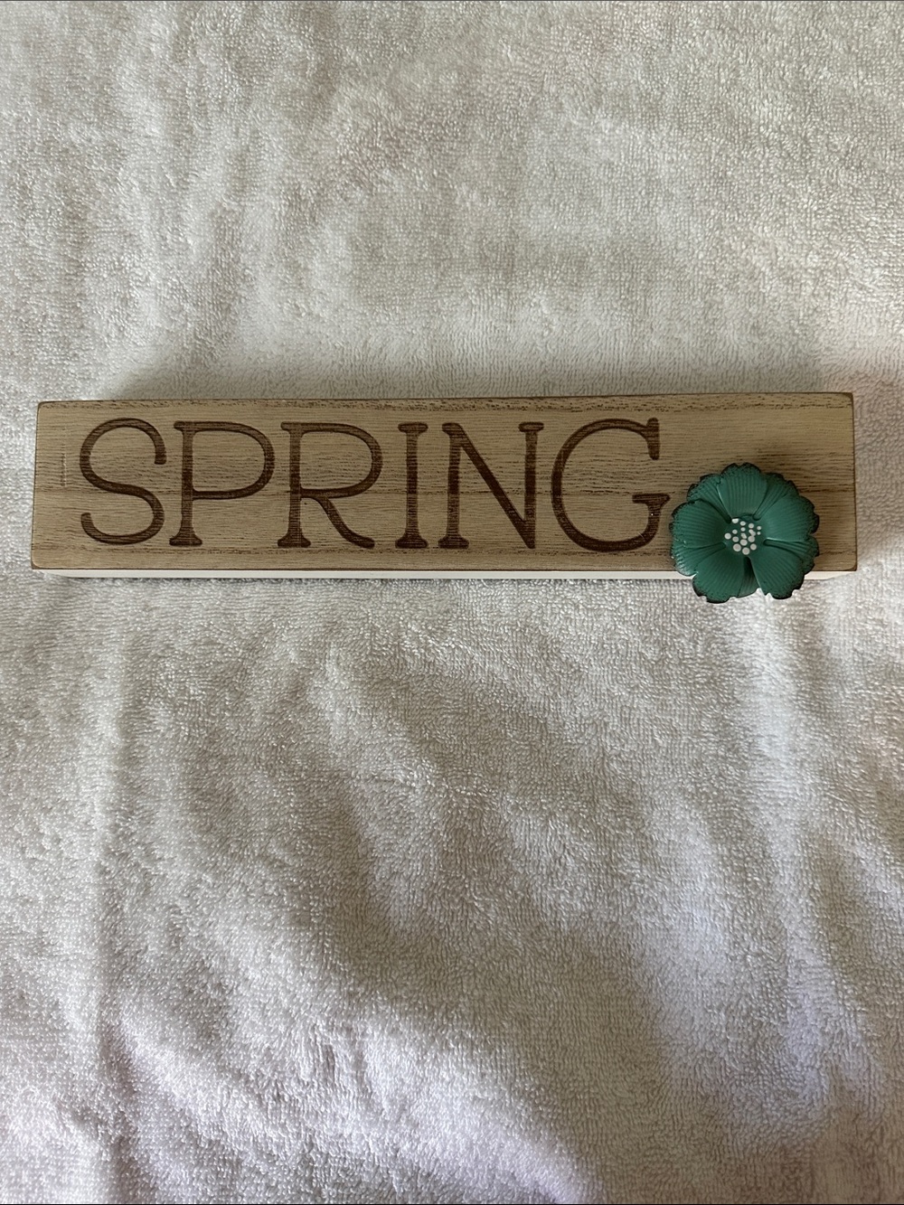 Ring SPRING Wooden Sign with Teal Flower Accent